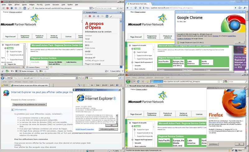 Microsoft's partner site in four different browsers