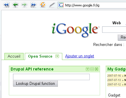 screendump showing the Drupal API google gadget
